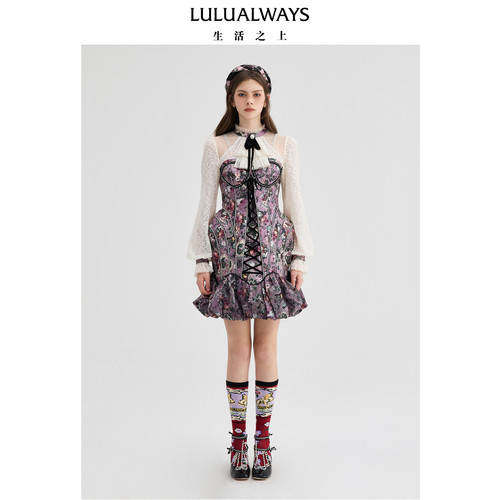 LULUALWAYS【商场同款】冬季新款气质甜美复古设计感印花连衣裙