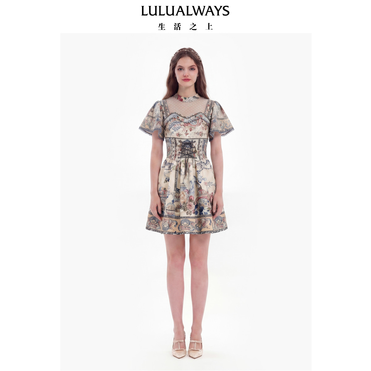 LULUALWAYS【商场同款】26夏新【青花瓷之梦】法式束腰短款连衣裙