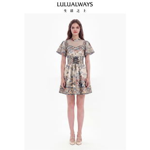 LULUALWAYS【商场同款】26夏新【青花瓷之梦】法式束腰短款连衣裙