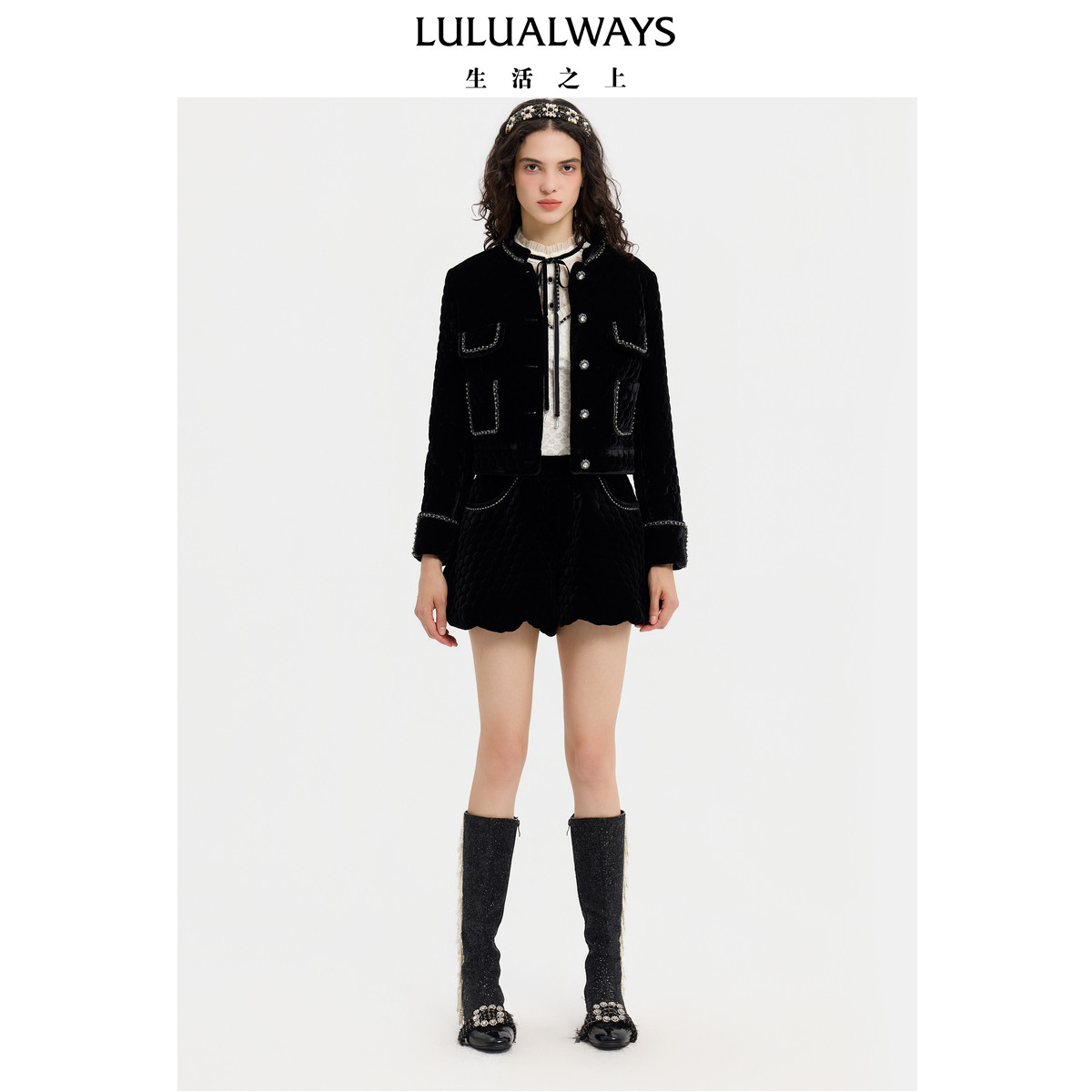 LULUALWAYS【商场同款】冬季新款优雅黑色丝绒棉外套轻薄短棉服