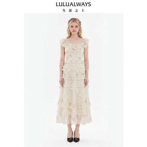 LULUALWAYS我爱露露【陈瑶同款】【人间缪斯】米白蕾丝碎花连衣裙