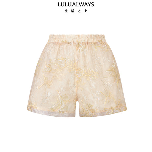LULUALWAYS【商场同款】国风新中式刺绣双层松紧腰短裤
