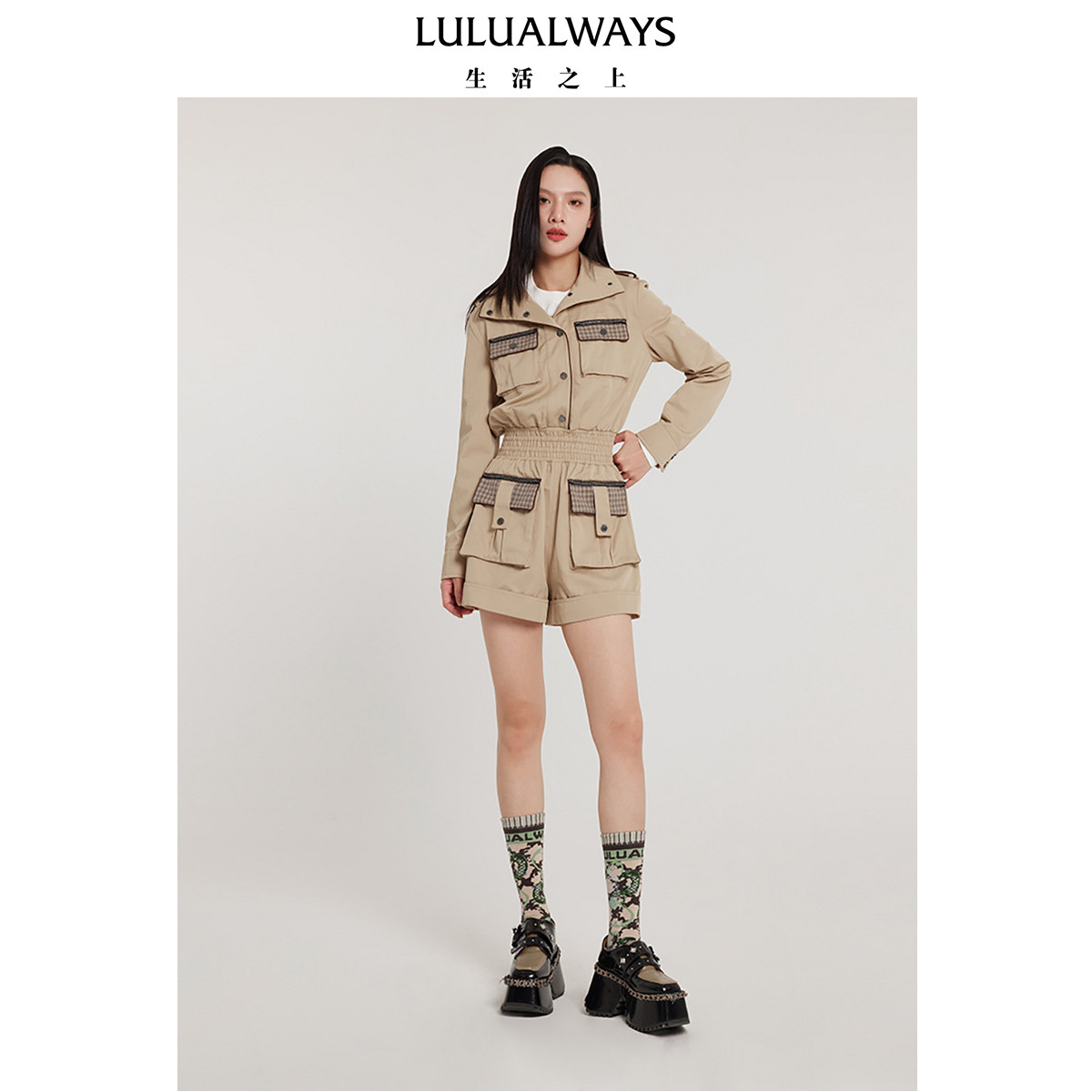 LULUALWAYS【商场同款】新款潮酷时尚休闲时髦卡其连体短裤