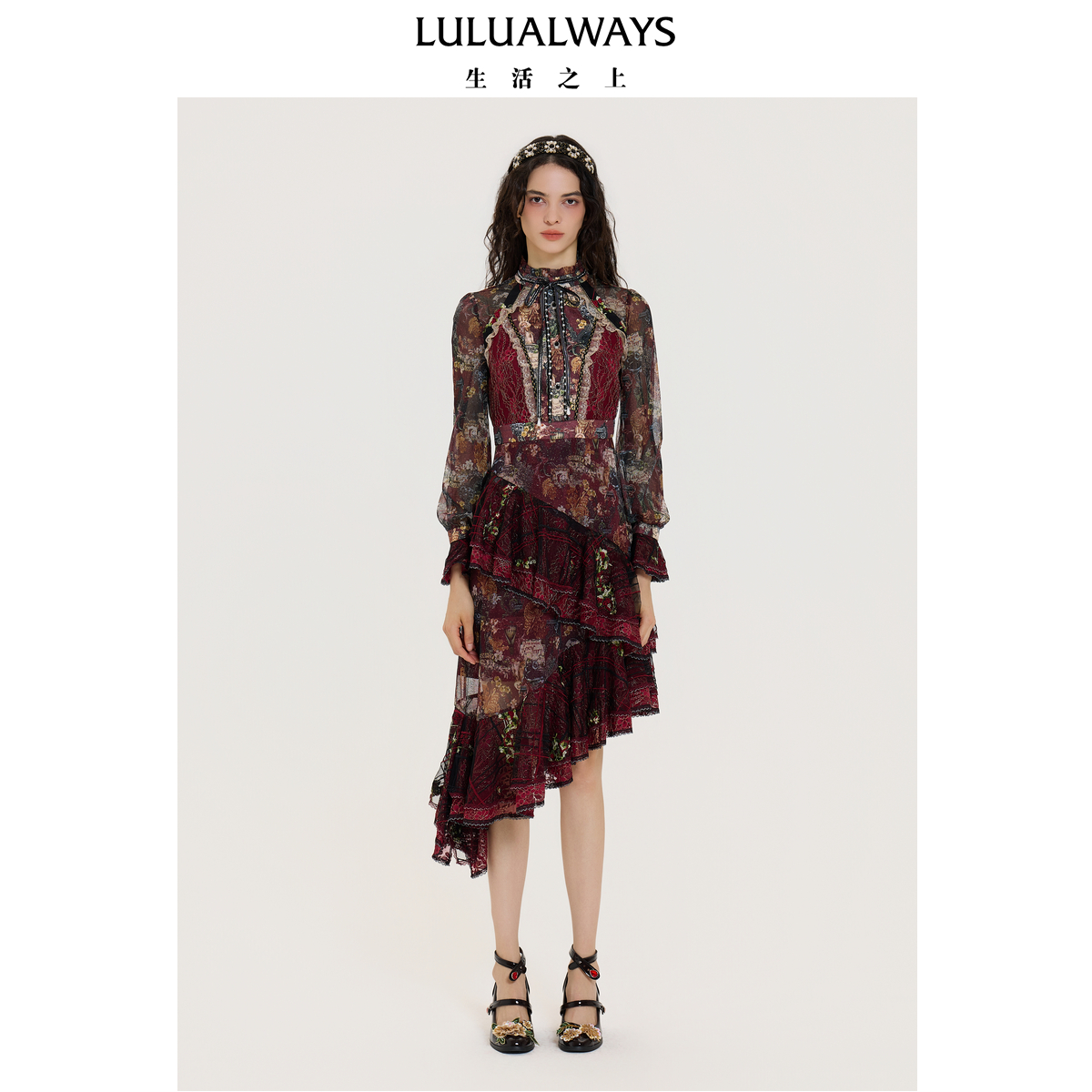 LULUALWAYS【商场同款】25秋季新款浪漫【玫瑰星河】不规则连衣裙