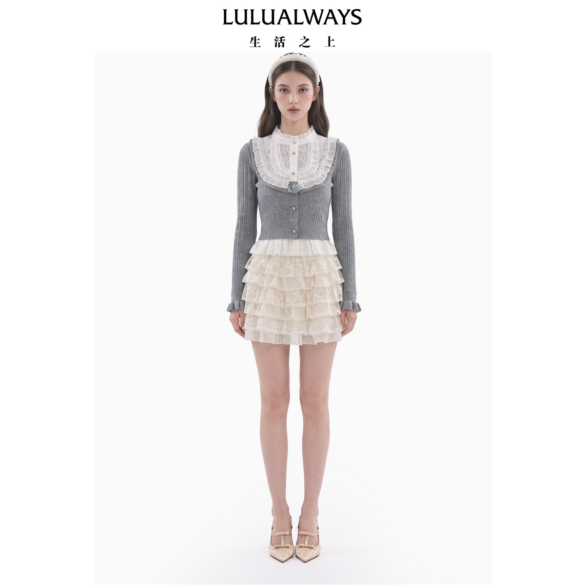 LULUALWAYS【商场同款】26秋季新款法式复古蕾丝荷叶边灰色针织衫