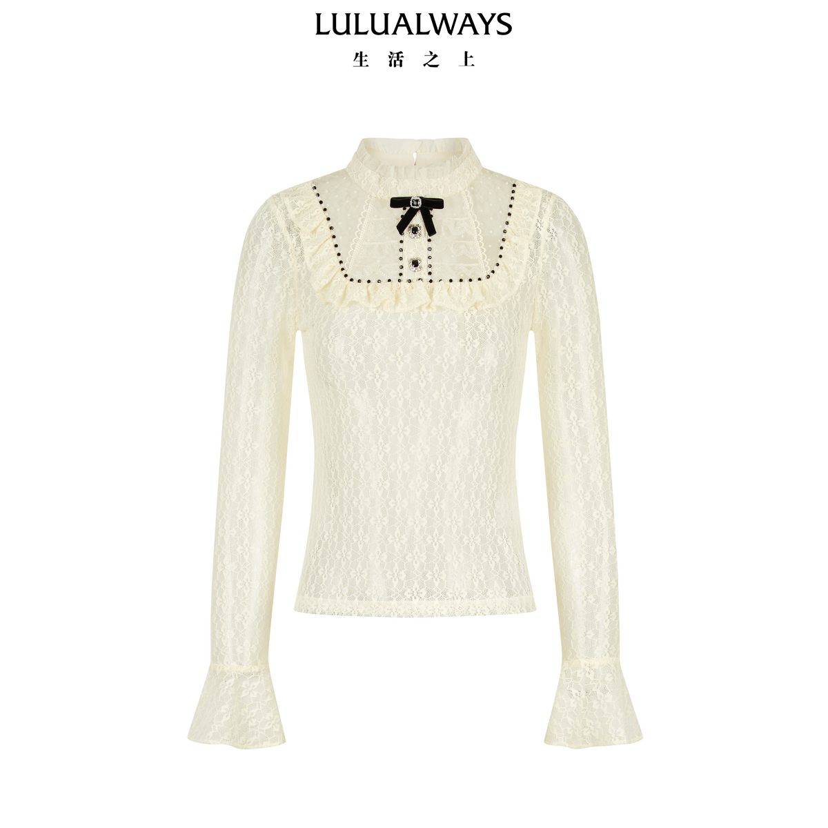 LULUALWAYS我爱露露26春季新款法式甜美蕾丝拼接网纱荷叶边打底衫