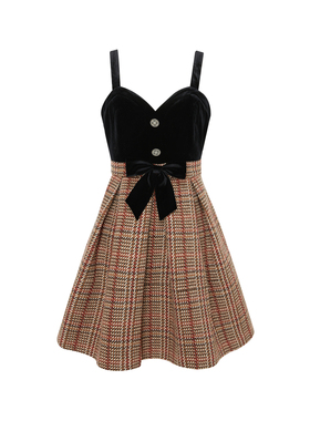 EYEDOLL新款甜美蝴蝶结丝绒拼接短款吊带连衣裙