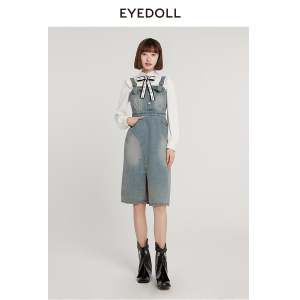 EYEDOLL新款时髦侧开叉中长款牛仔吊带连衣裙