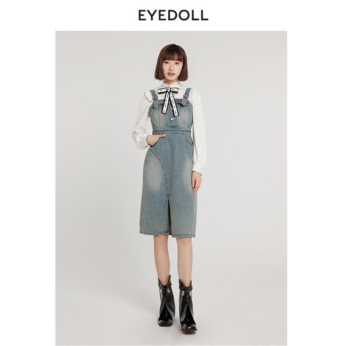 EYEDOLL新款时髦侧开叉中长款牛仔吊带连衣裙