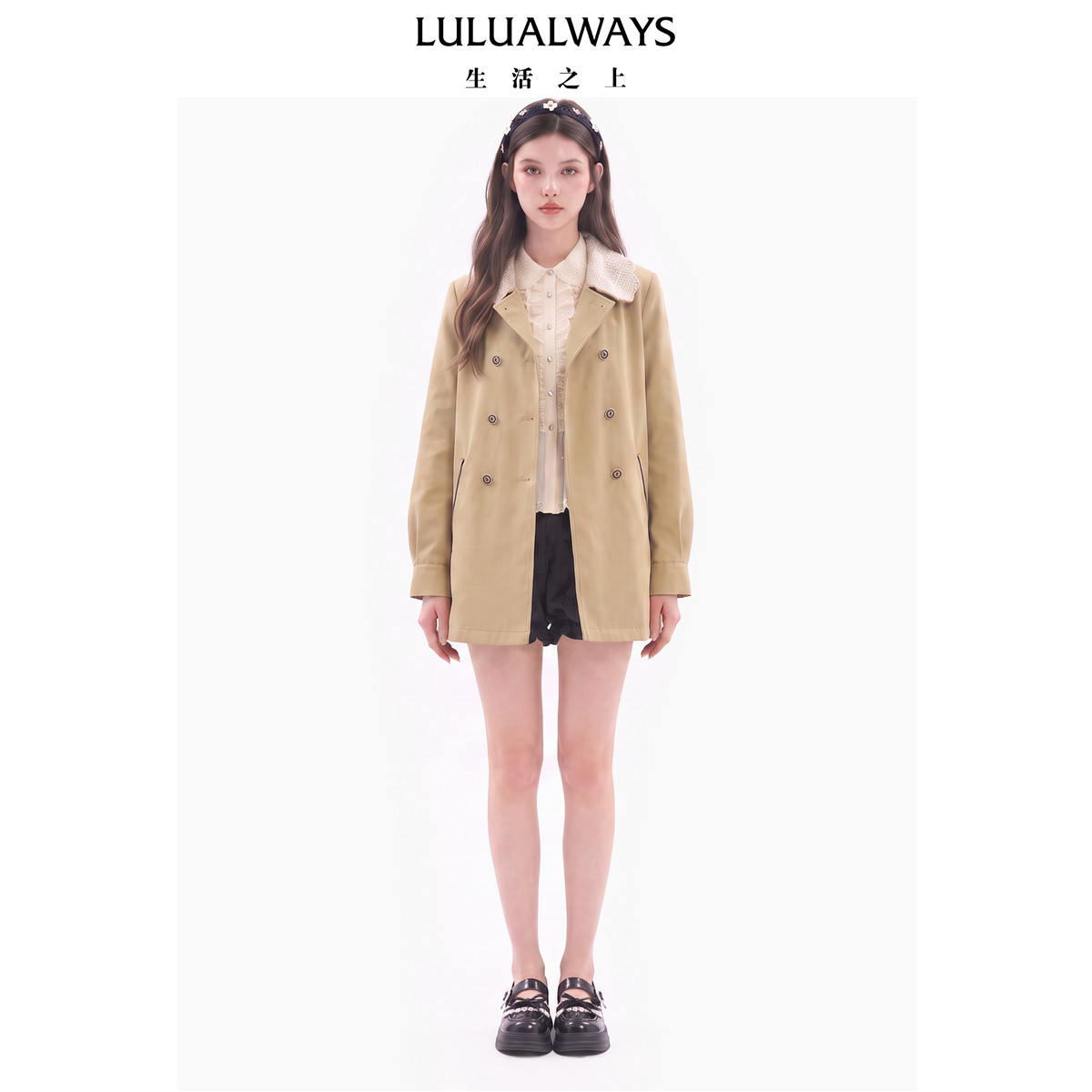 LULUALWAYS我爱露露26秋季新款富家千金气质中长款卡其色风衣外套图片