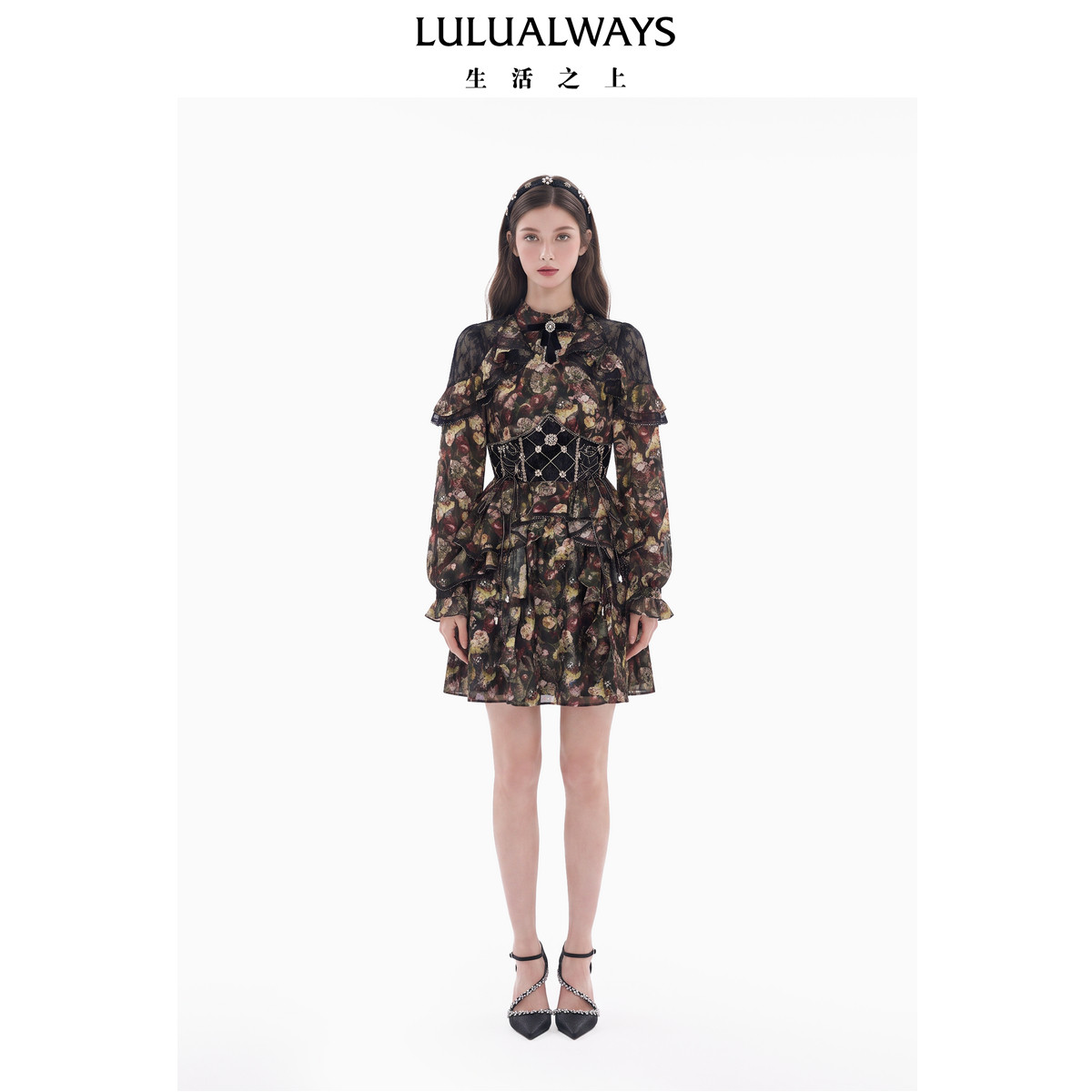 LULUALWAYS【商场同款】26秋季新款【暗夜玫瑰】法式蕾丝连衣裙