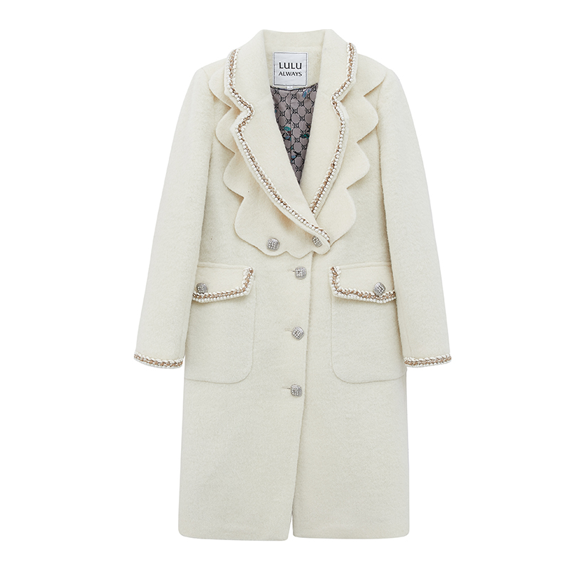 复古长款毛呢大衣lulualways珍珠