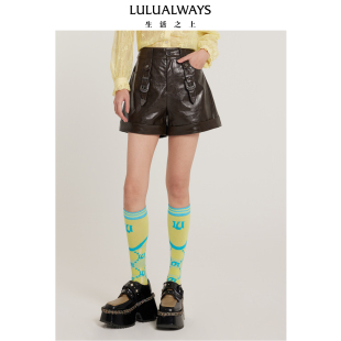 LULUALWAYS我爱露露新款 百搭甜酷时髦高腰咖色皮短裤