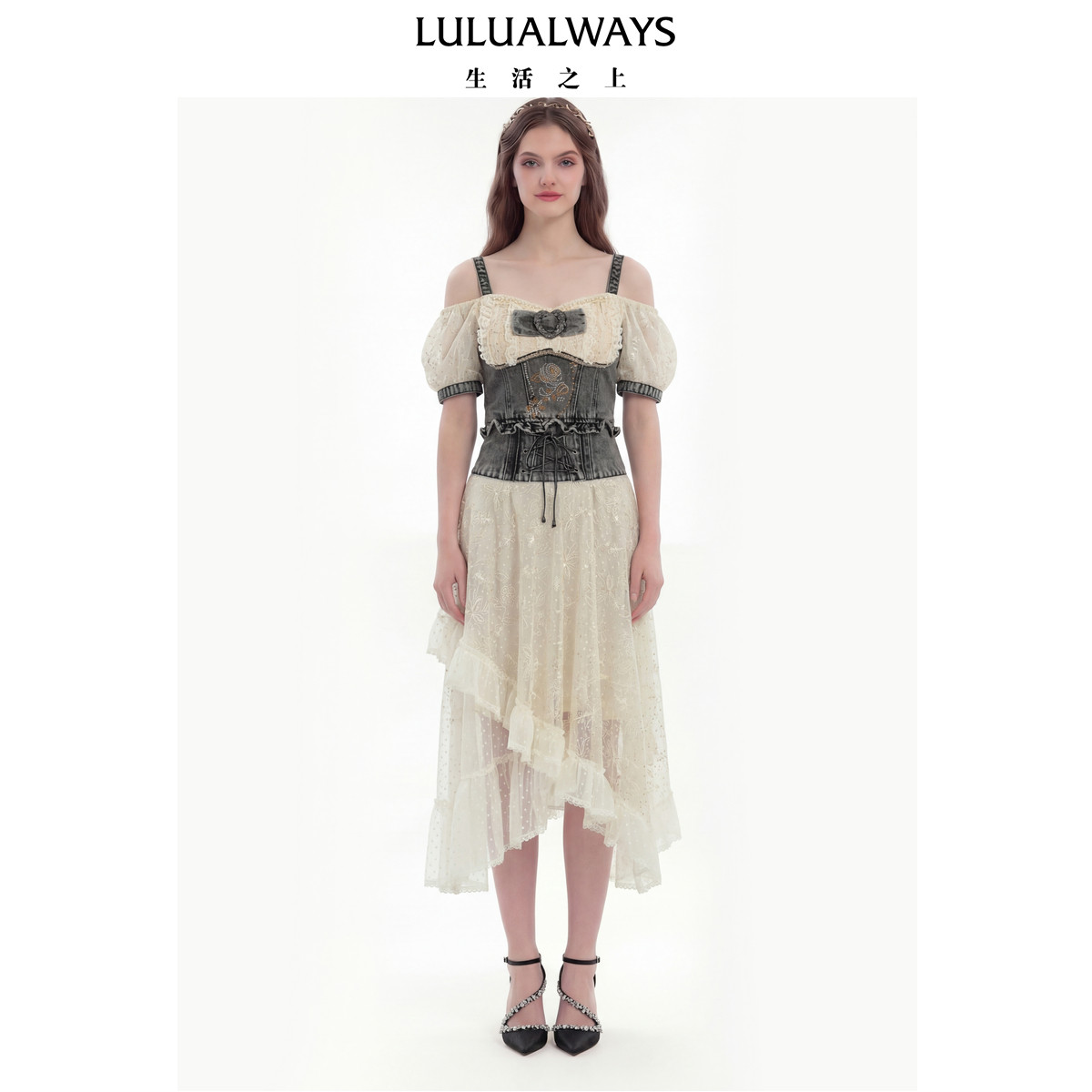 LULUALWAYS【商场同款】26夏季新款甜酷拼接吊带一字肩牛仔上衣