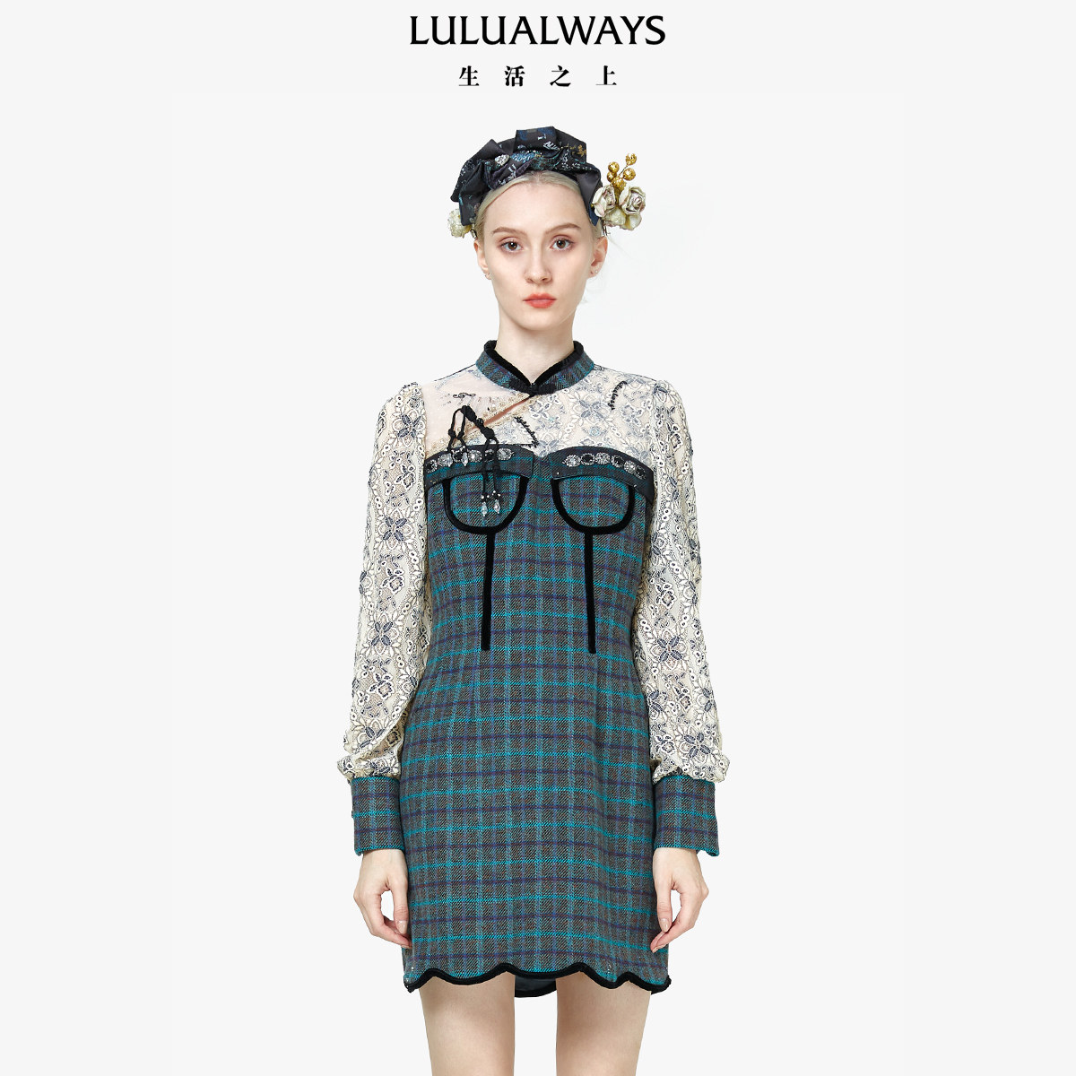 LULUALWAYS我爱露露新款中式优雅改良旗袍淑女拼接格纹连衣裙
