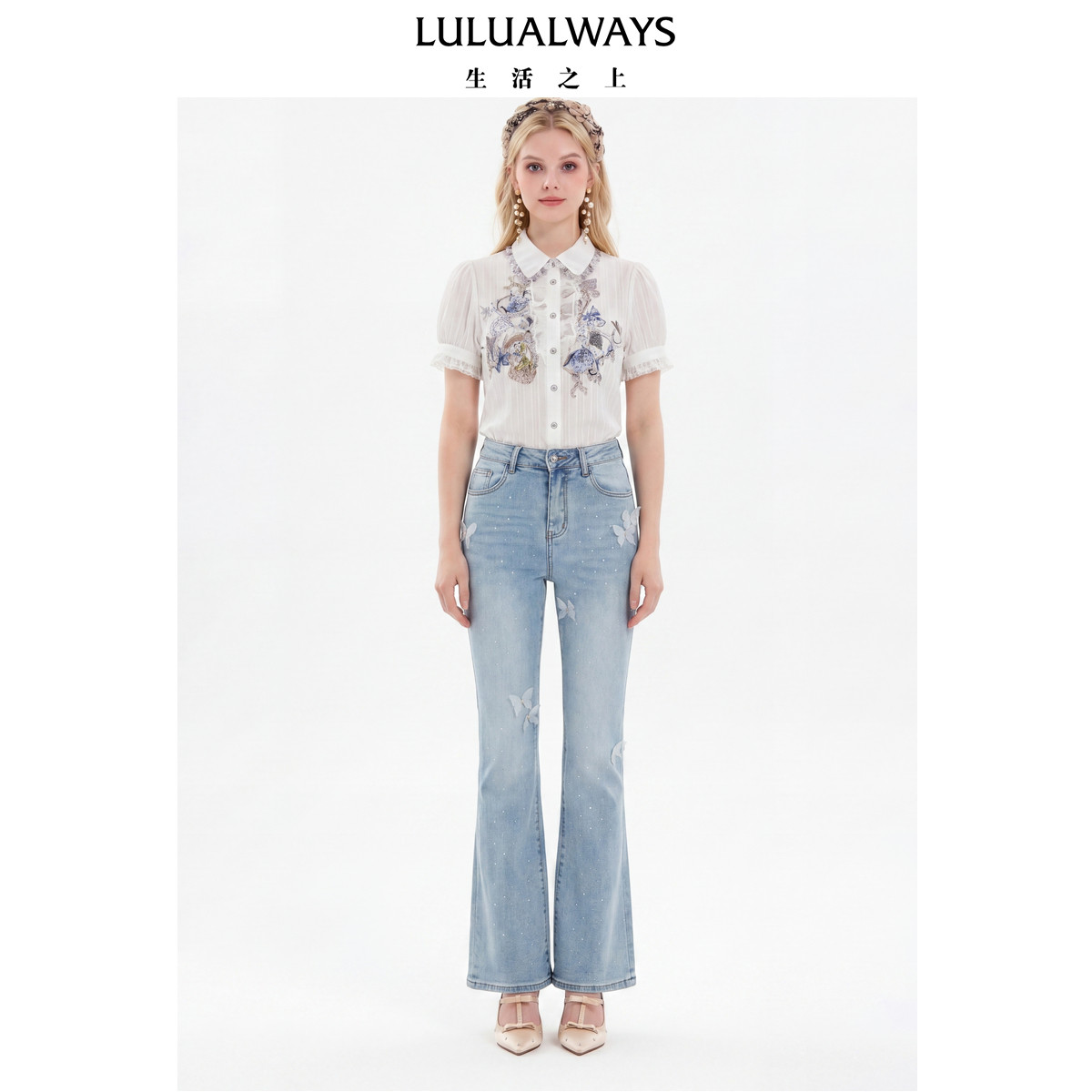 LULUALWAYS我爱露露26夏季新款甜美气质娃娃领蕾丝边雪纺白衬衫女