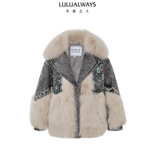 LULUALWAYS【商场同款】冬季新款时尚复古牛仔拼接保暖派克服女