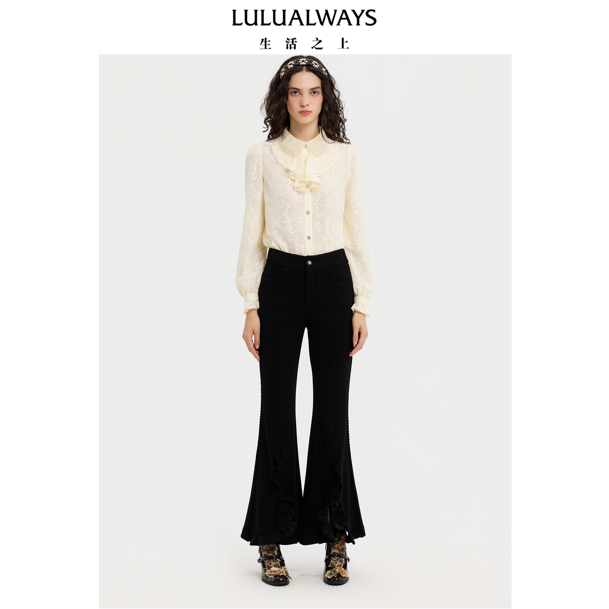 LULUALWAYS【商场同款】25冬季新款甜美风蕾丝娃娃领衬衫米色上衣
