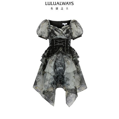 LULUALWAYS【商场同款】夏季新款法式复古印花欧根纱收腰连衣裙
