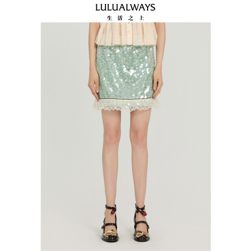 LULUALWAYS【商场同款】秋季新款薄荷绮闪亮片网纱蕾丝短款半裙