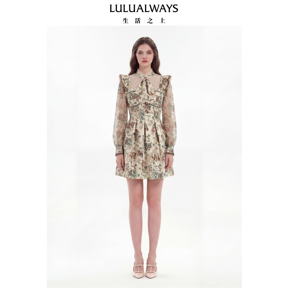 LULUALWAYS我爱露露26春季新款复古优雅提花收腰长袖短款连衣裙,女装/女士精品,连衣裙,淘宝优惠券,粉丝福利购,淘宝优惠卷