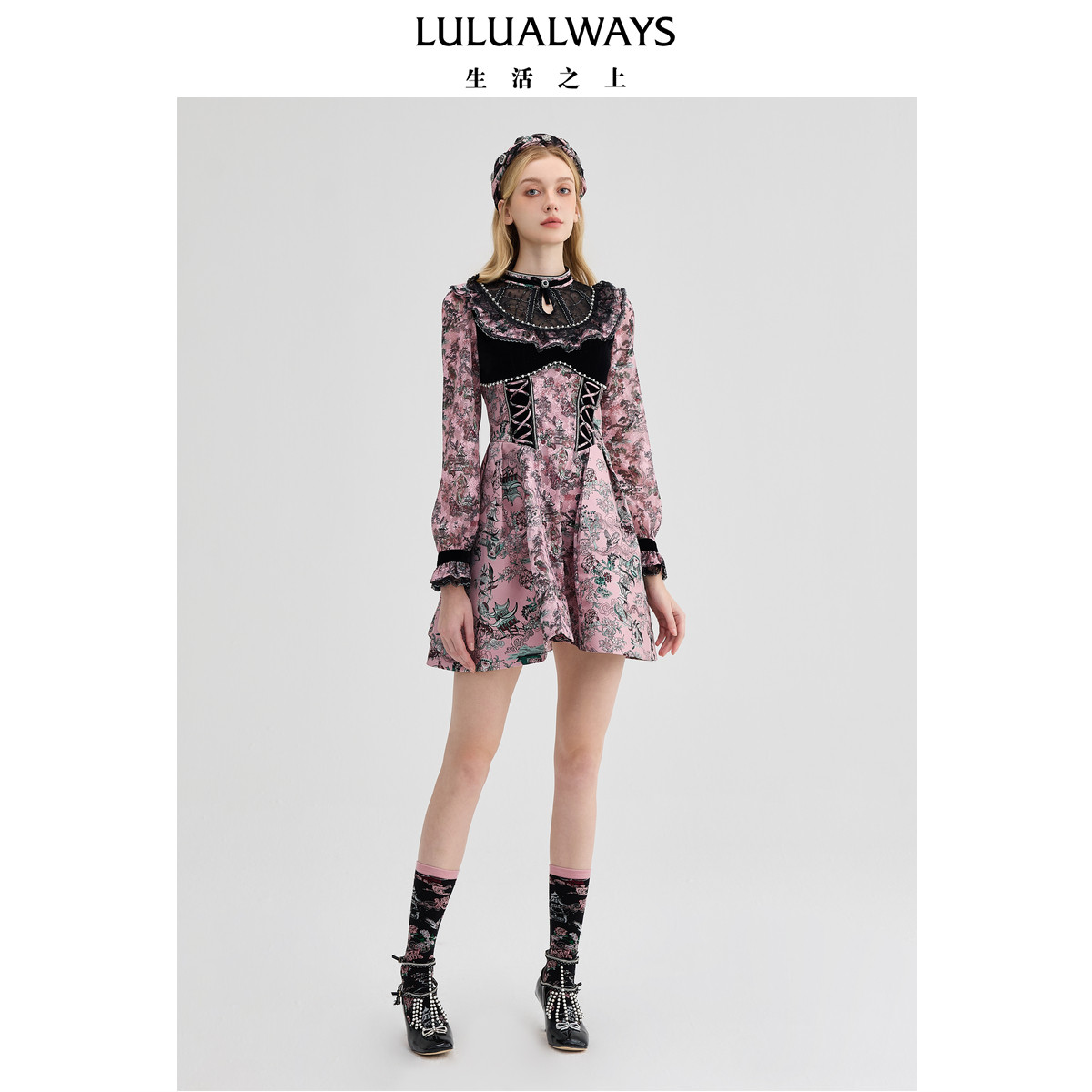 LULUALWAYS【商场同款】冬季新款宫廷风别致华丽高腰绑带连衣裙,女装/女士精品,连衣裙,淘宝优惠券,粉丝福利购,淘宝优惠卷