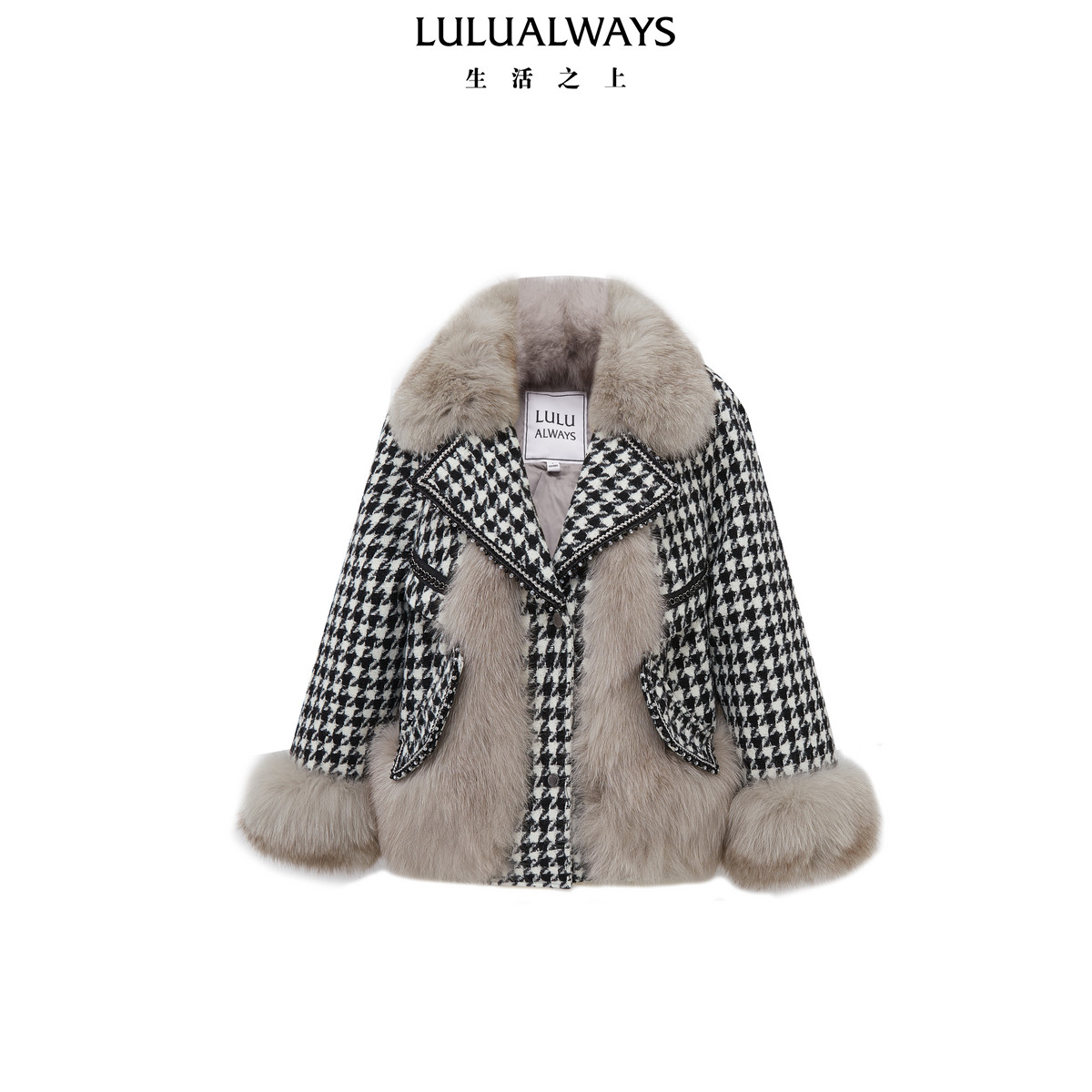 LULUALWAYS【商场同款】冬季新款时尚奢美格子拼接狐狸毛派克服