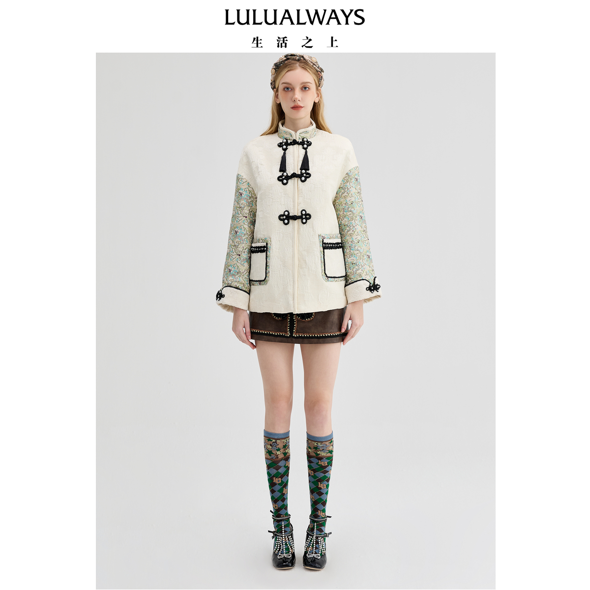 LULUALWAYS【商场同款】冬季新款典雅新中式丝绒拼接立领短外套