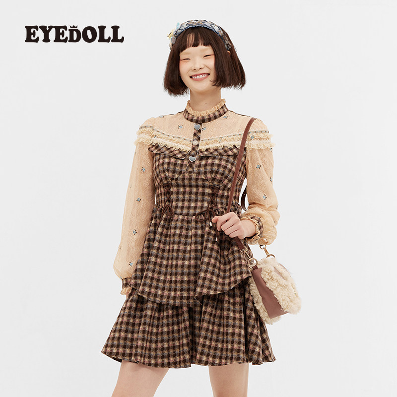 EYEDOLL 法式复古精致卡其色双层格纹拼接蕾丝刺绣短款连衣裙女