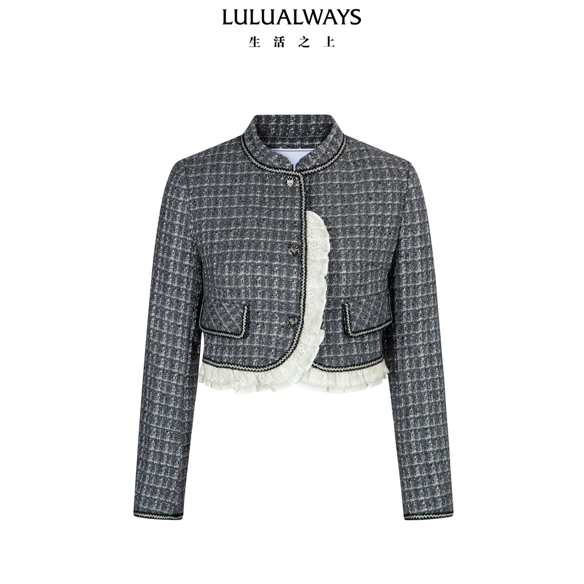 LULUALWAYS【商场同款】25冬季气质淑女小香风荷叶边短款外套