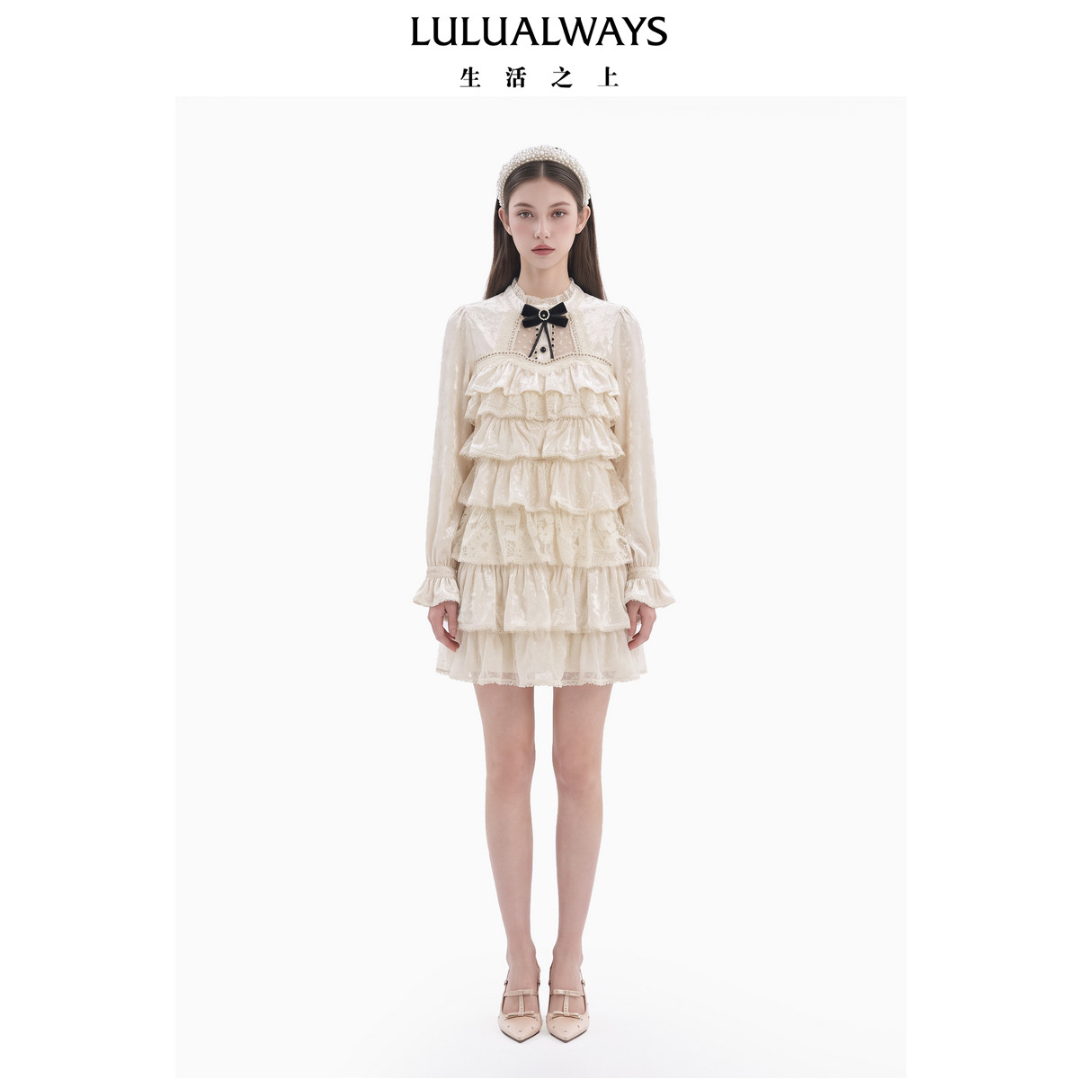 LULUALWAYS【黄灿灿同款】26冬季新款维多利亚风蝴蝶结长袖蛋糕裙