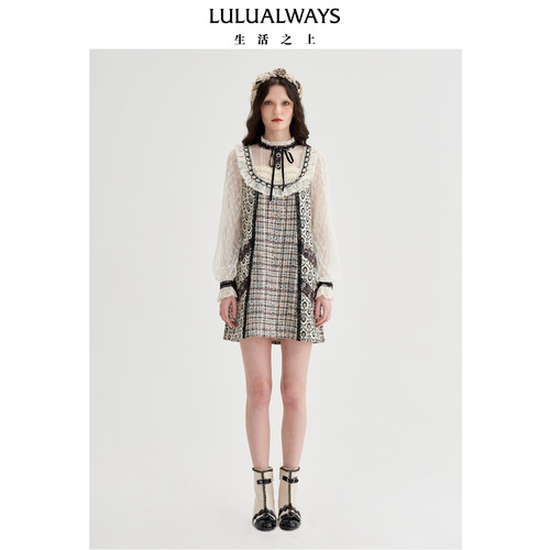 LULUALWAYS【商场同款】法式浪漫圆领拼接蕾丝连衣裙女