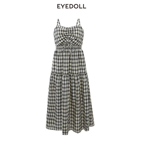 EYEDOLL夏季新款简约格子抽绳中长款吊带连衣裙