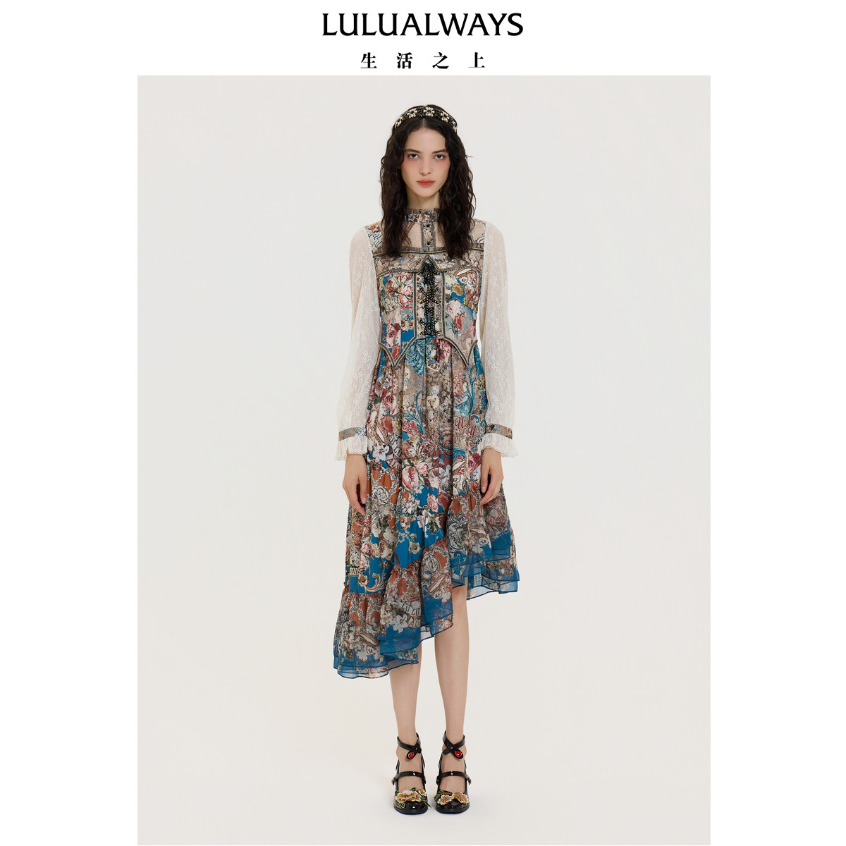 LULUALWAYS【商场同款】秋季新款复古浪漫不规则优雅绑带连衣裙