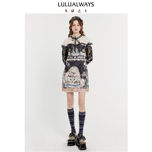LULUALWAYS我爱露露新款复古宫廷风蕾丝花边提花连衣裙