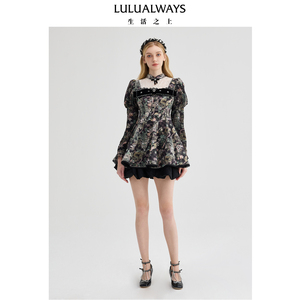 LULUALWAYS【商场同款】冬季新款法式优雅复古羊腿袖短款连衣裙