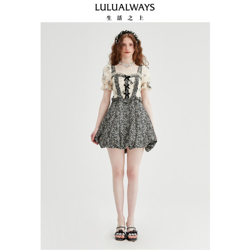 LULUALWAYS【商场同款】法式复古泡泡袖刺绣显瘦连衣裙
