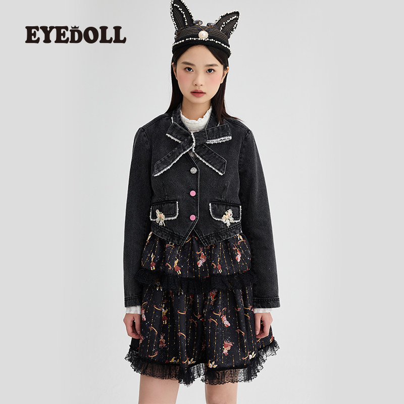 EYEDOLL 复古小众蝴蝶结绑带蕾丝花边V领牛仔长袖短外套夹克女,女装/女士精品,短外套,淘宝优惠券,粉丝福利购,淘宝优惠卷