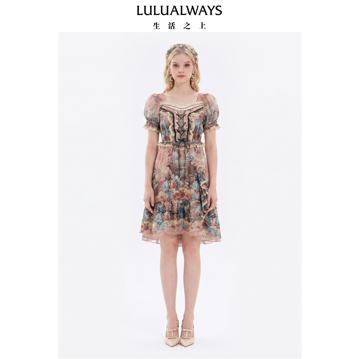 LULUALWAYS【商场同款】26夏季新款甜美风方领泡泡袖复古短连衣裙