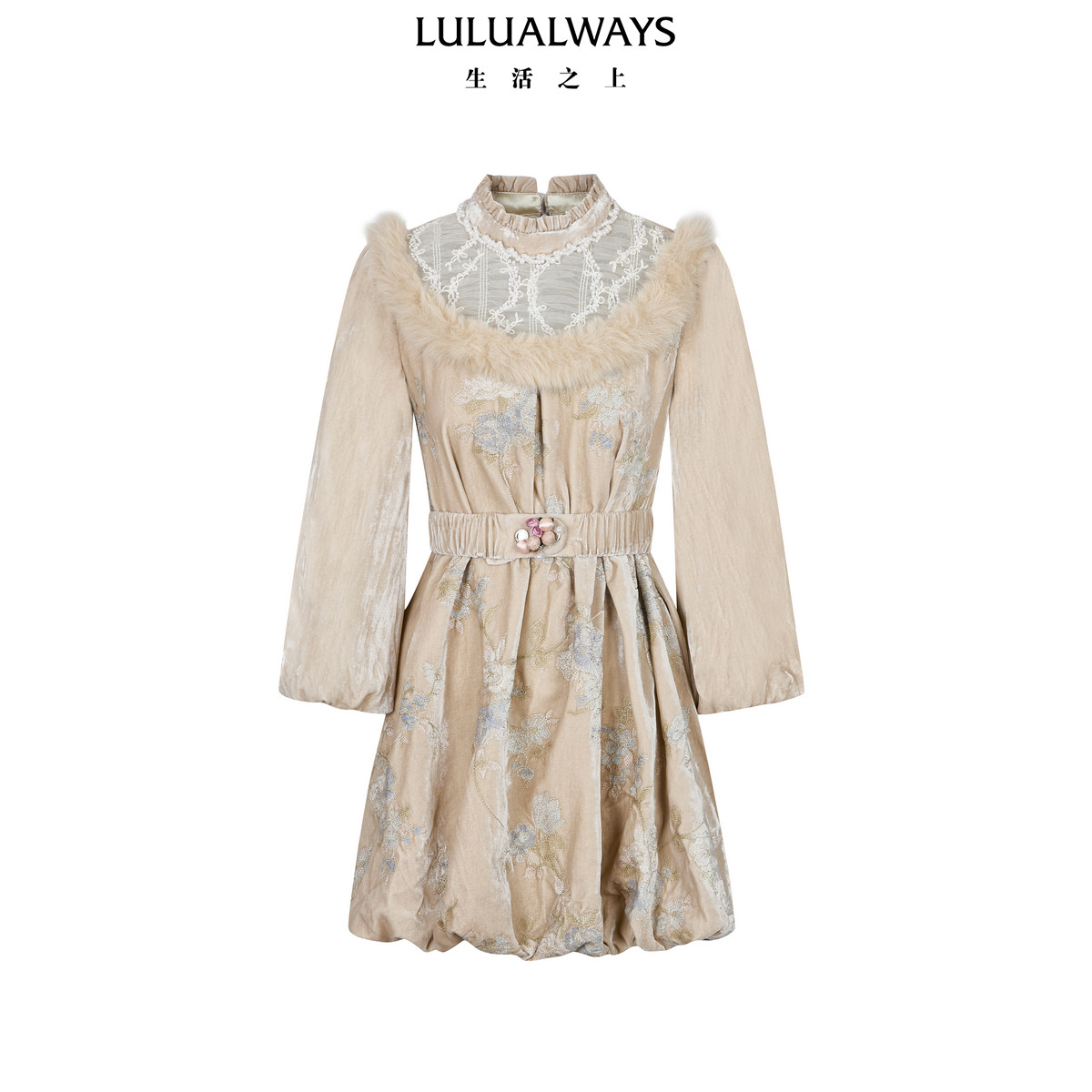 LULUALWAYS【商场同款】26冬季新款复古温柔米色宽松灯笼袖连衣裙