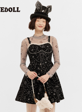 EYEDOLL 早秋法式复古高级感黑色碎花提花绑带蓬蓬吊带连衣裙女