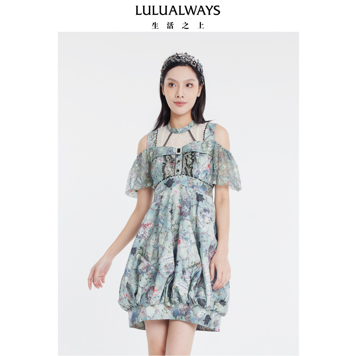 LULUALWAYS我爱露露夏季法式复古高腰花苞裙短款连衣裙图片