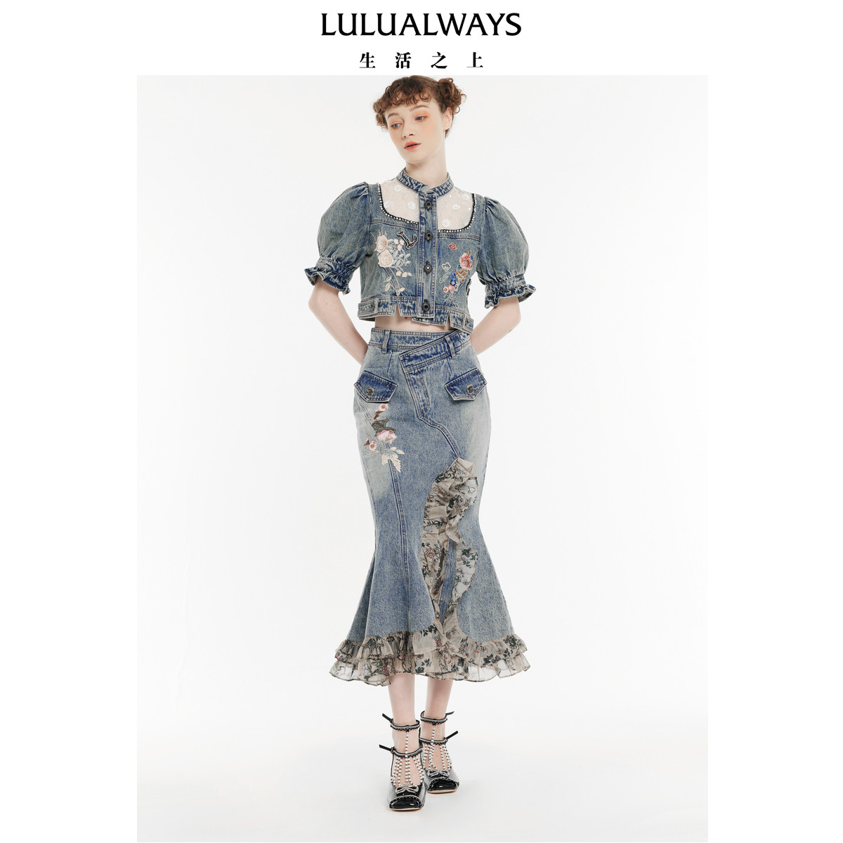 LULUALWAYS【商场同款】秋季新款时髦甜美泡泡袖短款牛仔上衣女