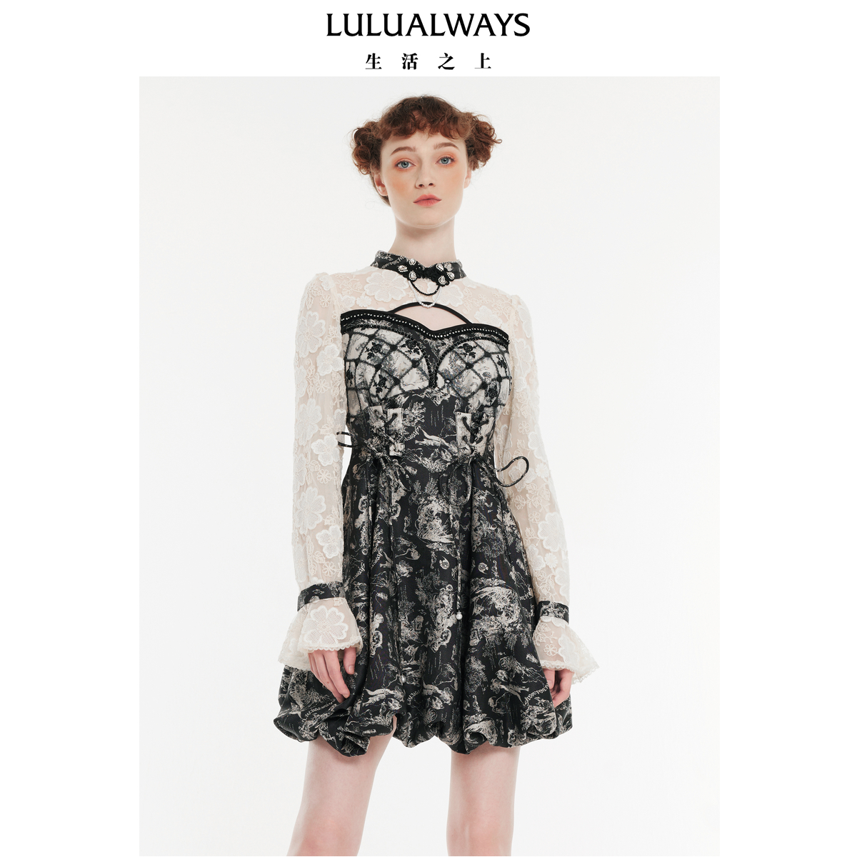 LULUALWAYS【商场同款】秋季新款复古宫廷风提花蓬蓬裙连衣裙女