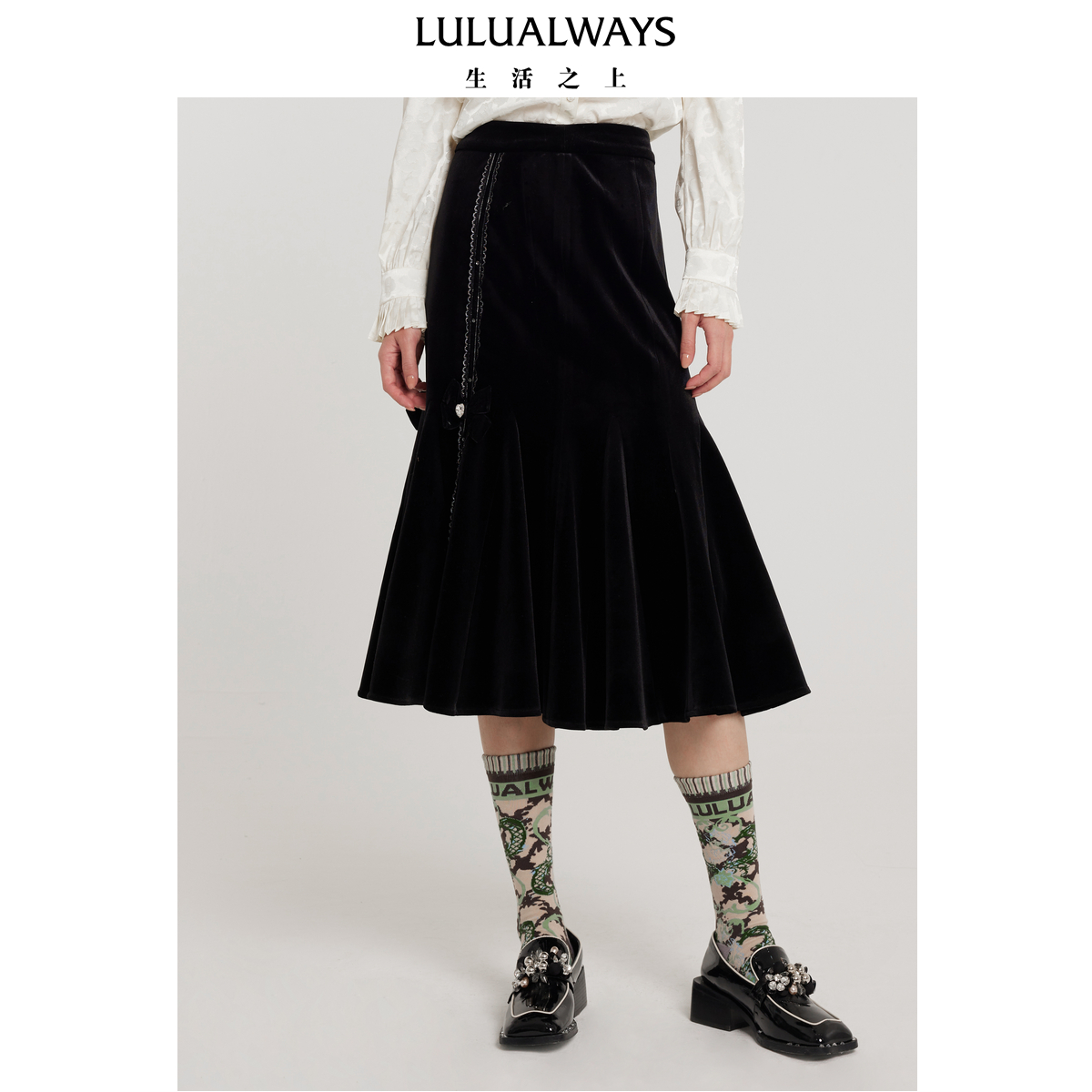 LULUALWAYS我爱露露新款优雅蝴蝶结黑色鱼尾裙长半裙