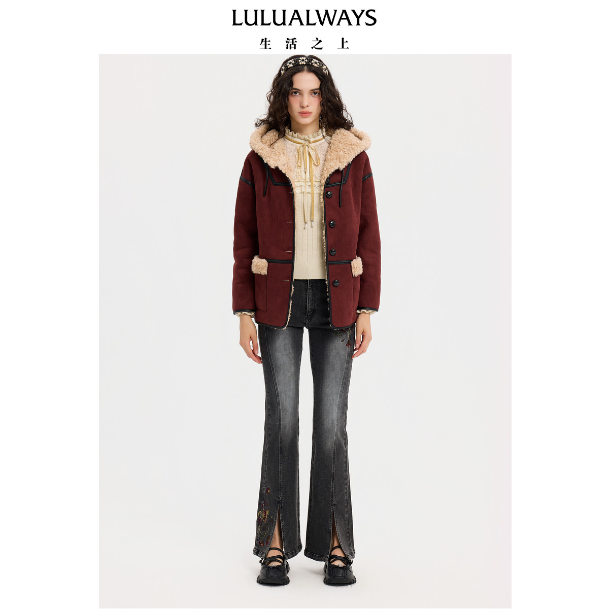 LULUALWAYS【商场同款】秋冬新款简约百搭时尚单排扣拼接短外套