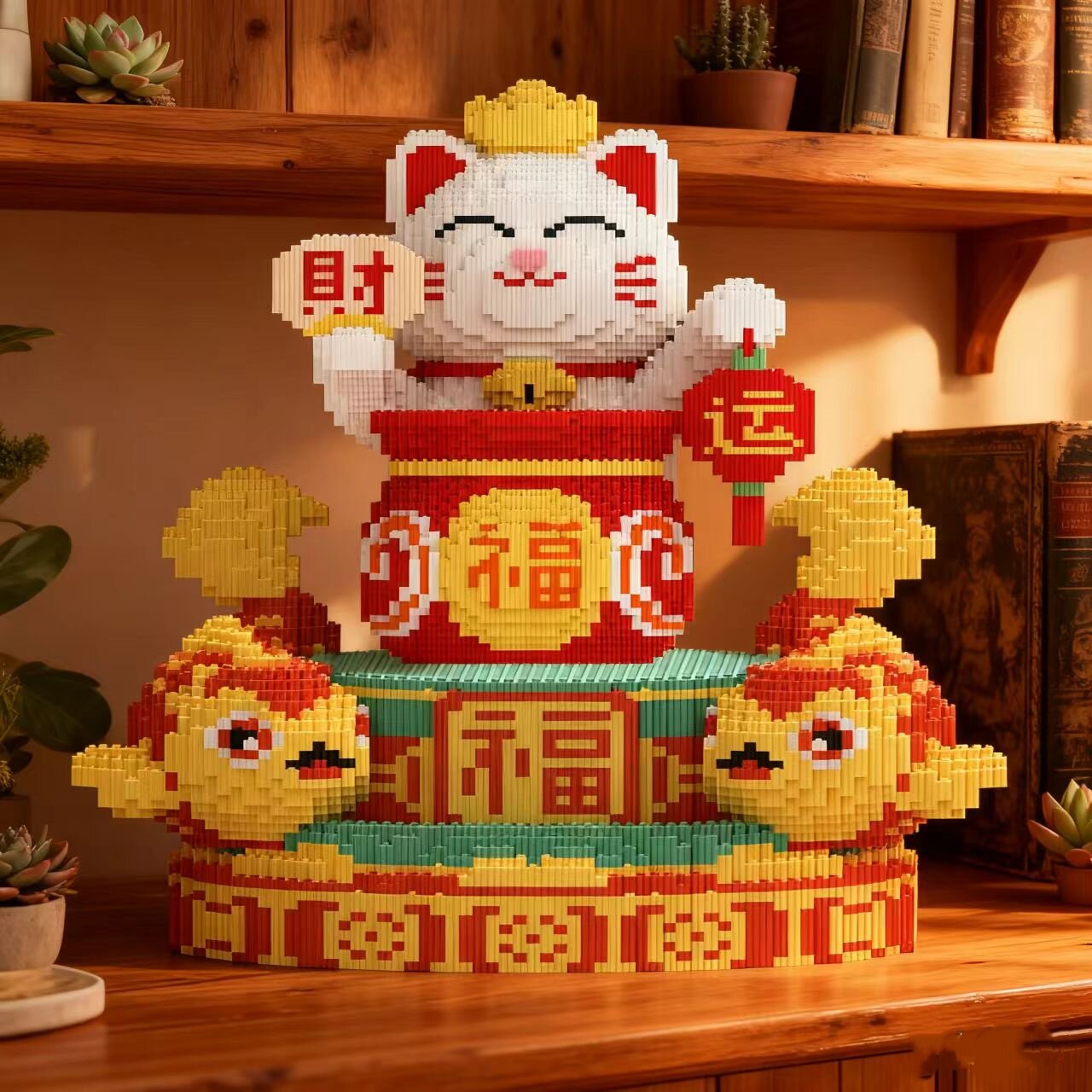 DIY锦鲤鱼平安财运招财猫积木拼装玩具创意礼物手工拼装模型摆件