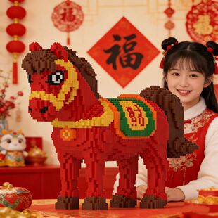 喜庆生肖马超大红马来财益智拼装积木3D立体拼图男女孩新年礼物