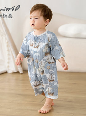 婴儿连体衣夏季薄款宝宝睡衣短袖家居服婴幼儿夏装A类纯棉衣服男