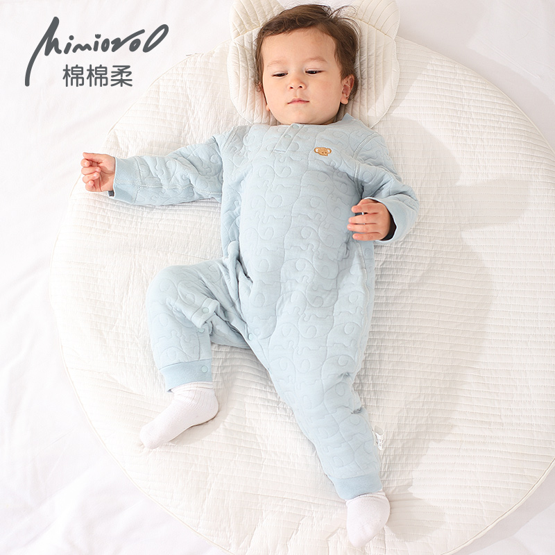 儿童连体睡衣秋冬宝宝睡袋防踢男童女孩保暖衣家居服宽松夹棉冬季